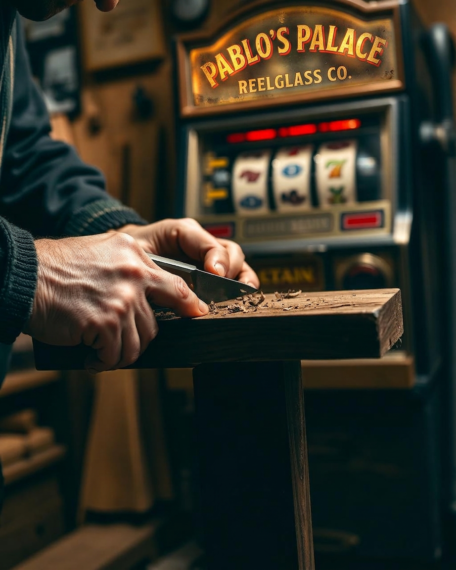 Pablo at work — hand-shaping a walnut frame in the studio